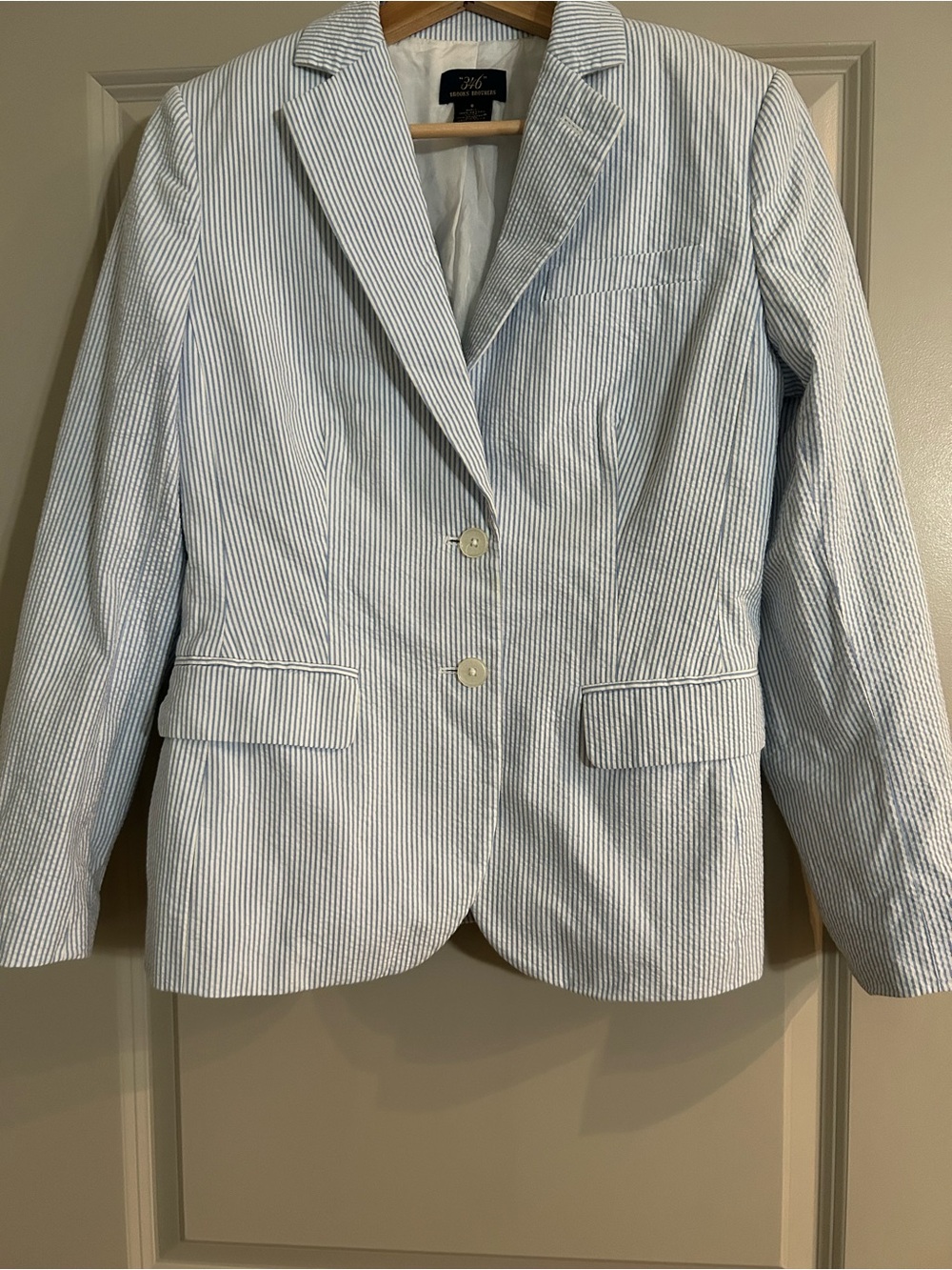 Brooks Brothers Light Blue and White Striped Seersucker Blazer